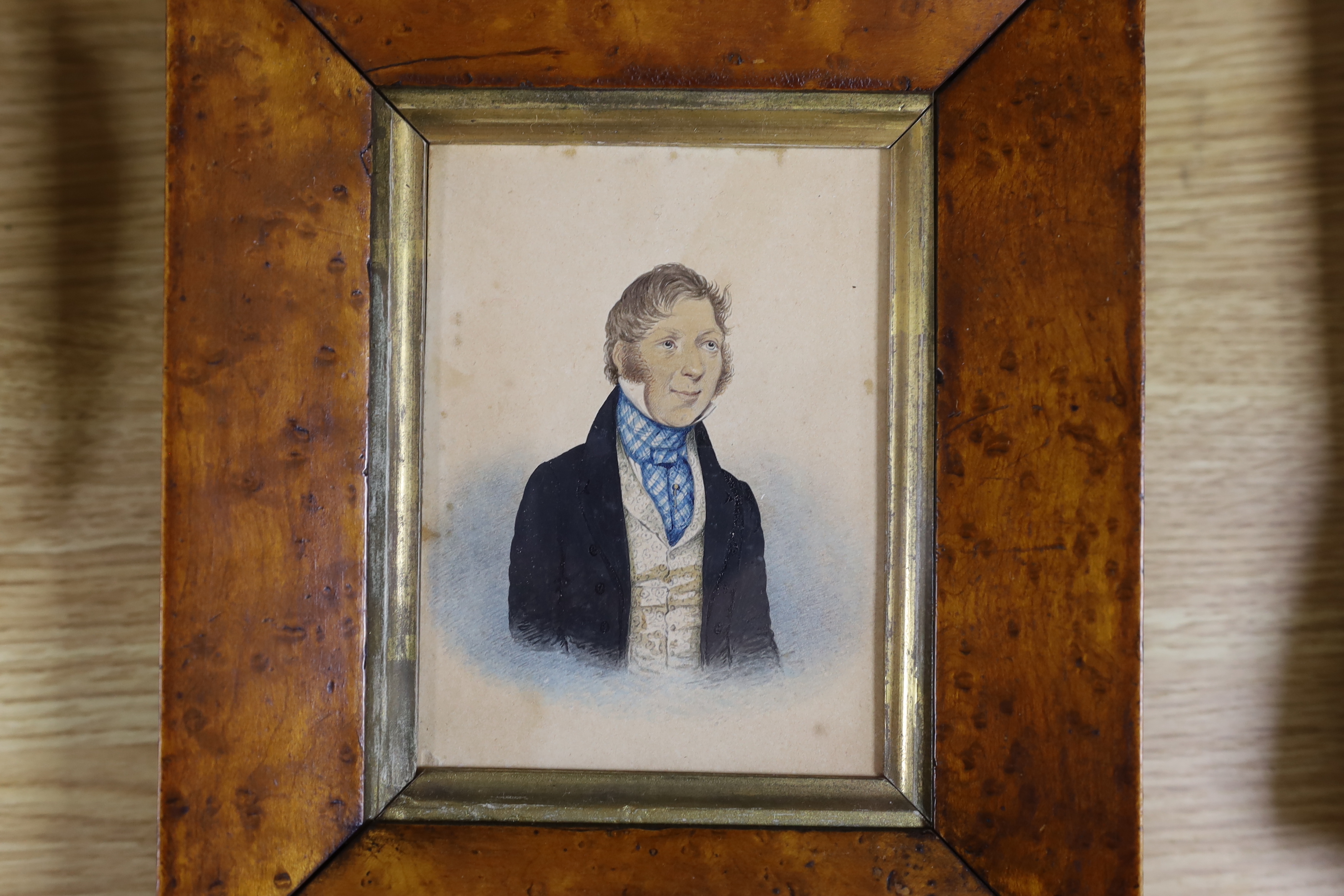 Mr Greenfield (19th C.), watercolour on paper, Portrait of the artist and his mother, 12.5 x 9.5cm, another miniature by R & W Kerry of a gentleman in a black jacket and a smaller miniature of a Georgian gentleman